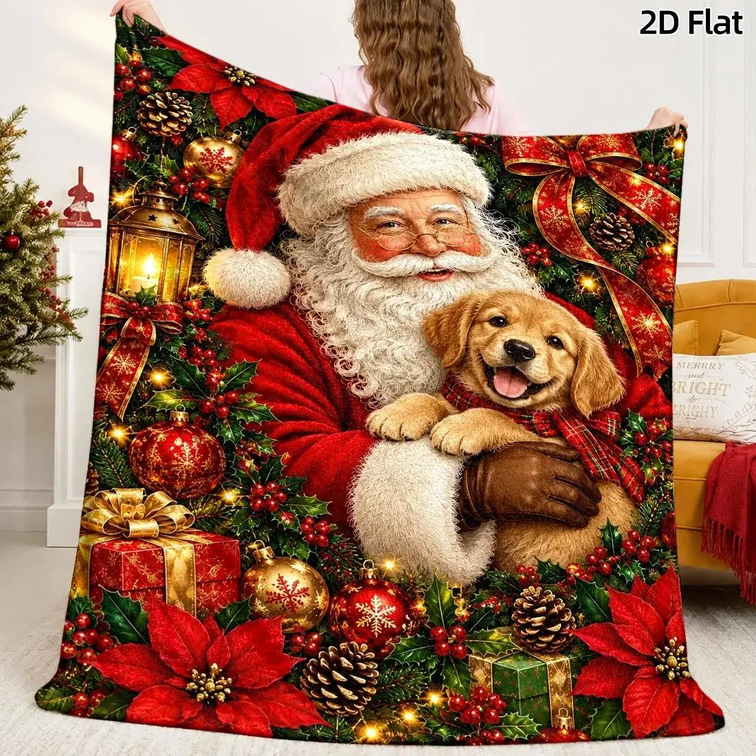 Santa Claus and Golden Retriever Christmas Throw Blanket Holiday Xmas Decor Cozy Plush Gift for Family