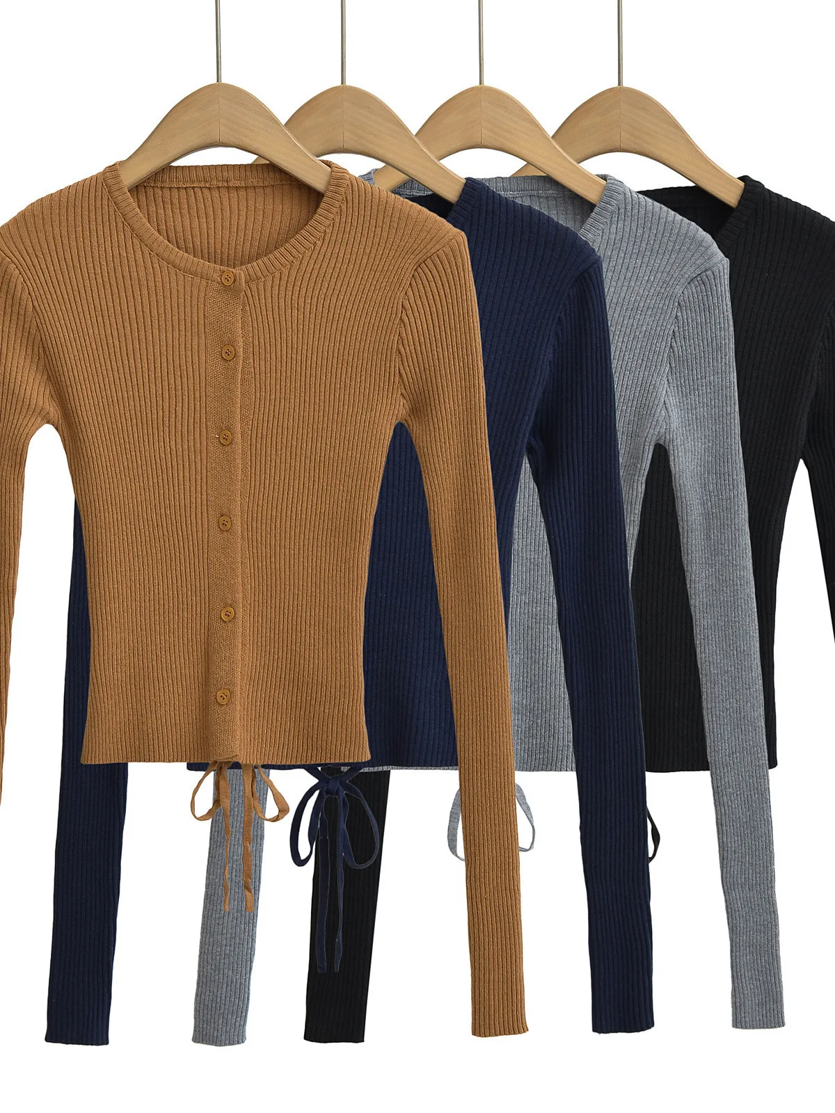 Cardigan à Manches sulfet Col Rond pour Femme, Haut Épicé à Lacets, Boutonnage Simple, Cintré à la Taille, Slim, Nouvelle Collection Automne 2024, ZGSO