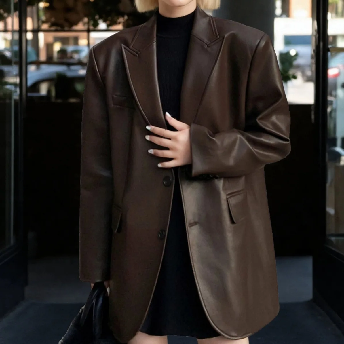 سترة نسائية عصرية من جلد البولي يوريثان فضفاضة تناسب الخريف والشتاء ذات جودة عالية ملمس بدلة نمط ملابس خارجية معطف كاجوال عصري #3