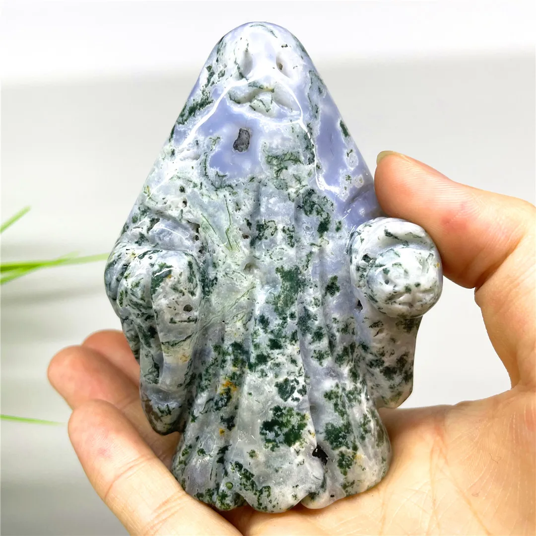 

8CM Natural Tree Agate Crystal Carving Ghost Figurines Halloween Decorations Ornament For Witches Moss Agate Quartz Minerals