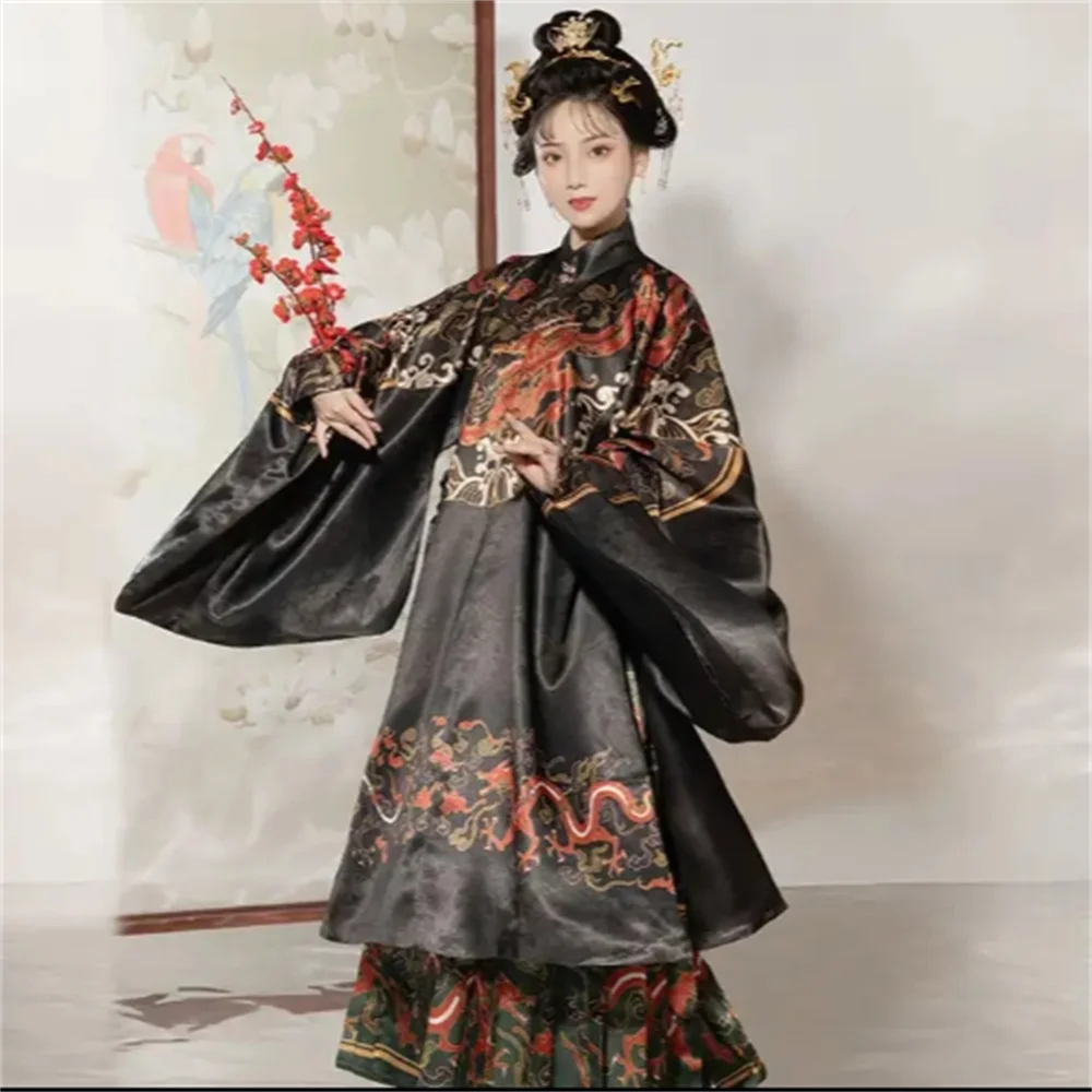 Black female Hanfu traditional Chinese style high quality weaving gold Ming Dynasty O-neck robe horse skirt summer daily clothes