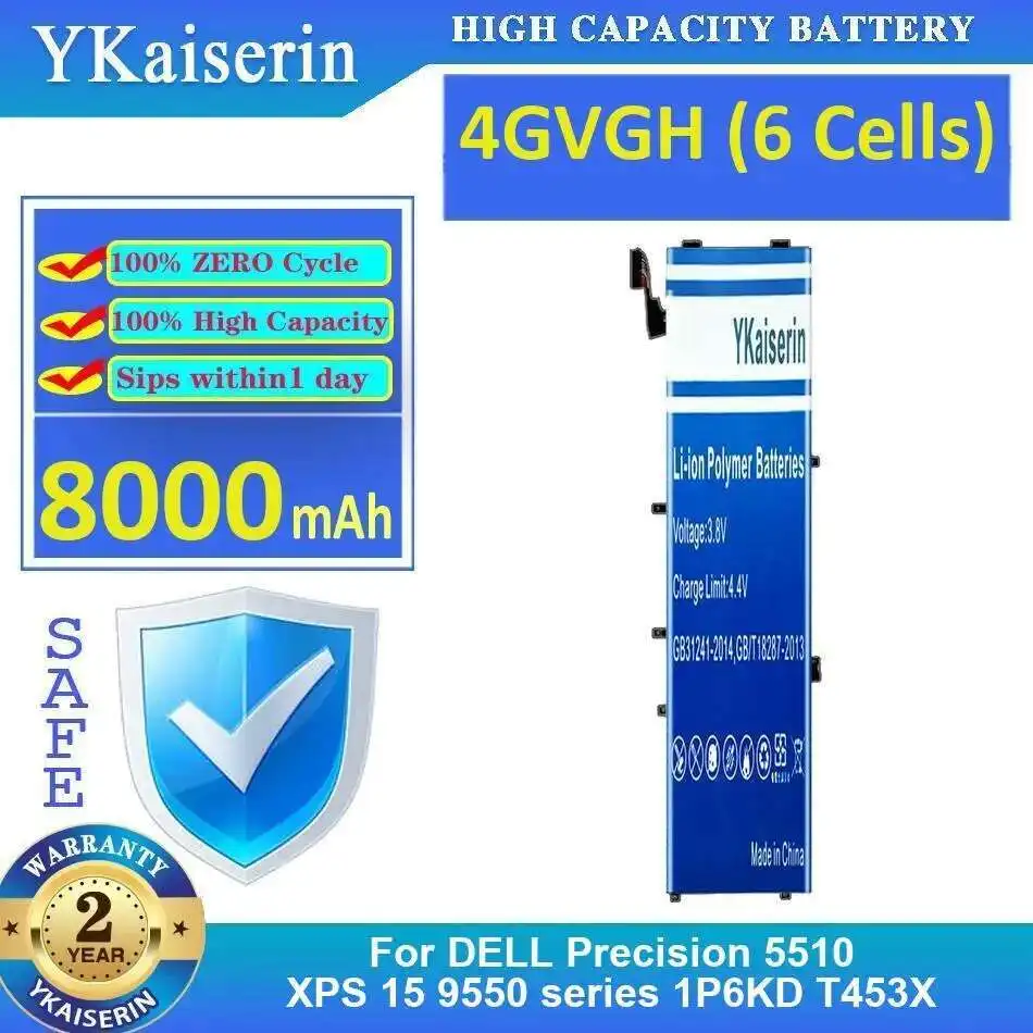 

4GVGH 6 Cells Laptop Battery Fast Charging 8000Mah For Dell Precision 5510 Xps 15 9550 Series 1P6KD T453X