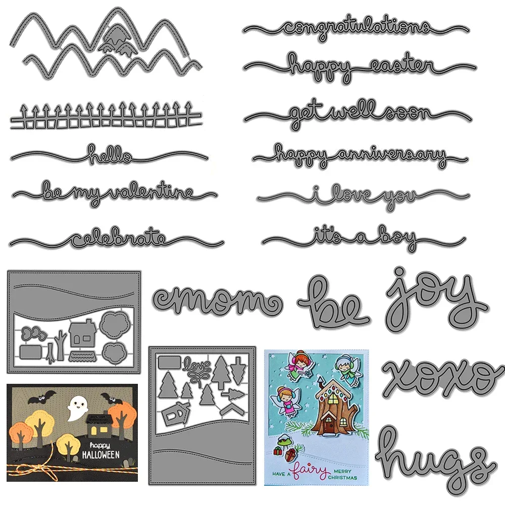 Genähte Hillside-Hintergründe, Metall-Stanzformen, Schrift, MoM-Prägung, gestanzt, für DIY-Kartenherstellung, Scrapbooking, Bastelbedarf