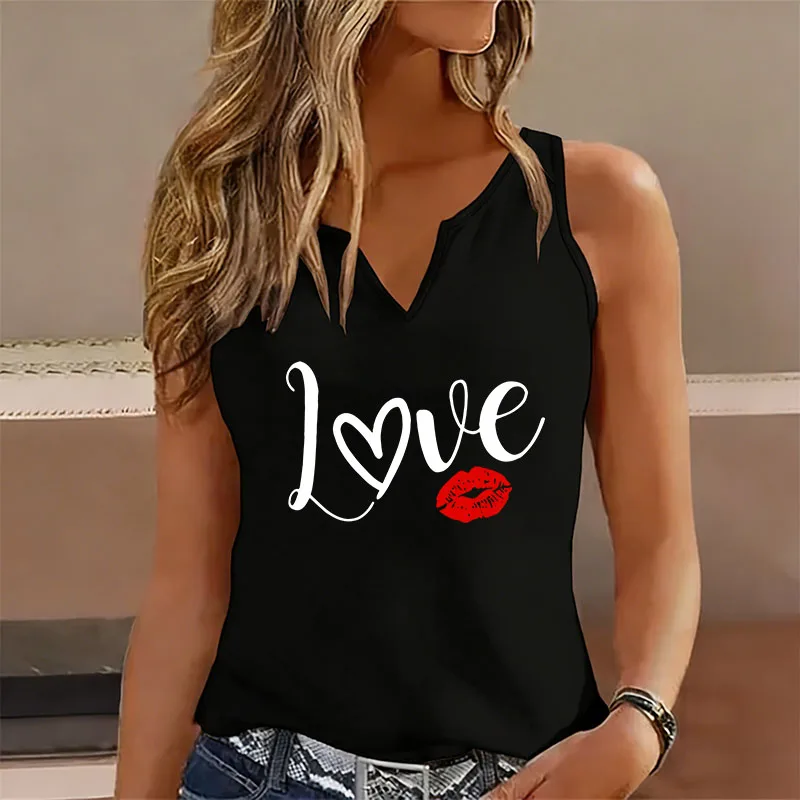 Graphic Sleeveless Tank Top T-shirt V Neck Casual Fashion Love Lips Printed Vest T Shirts Women Short Sleeve Tee Shirt V-Neck