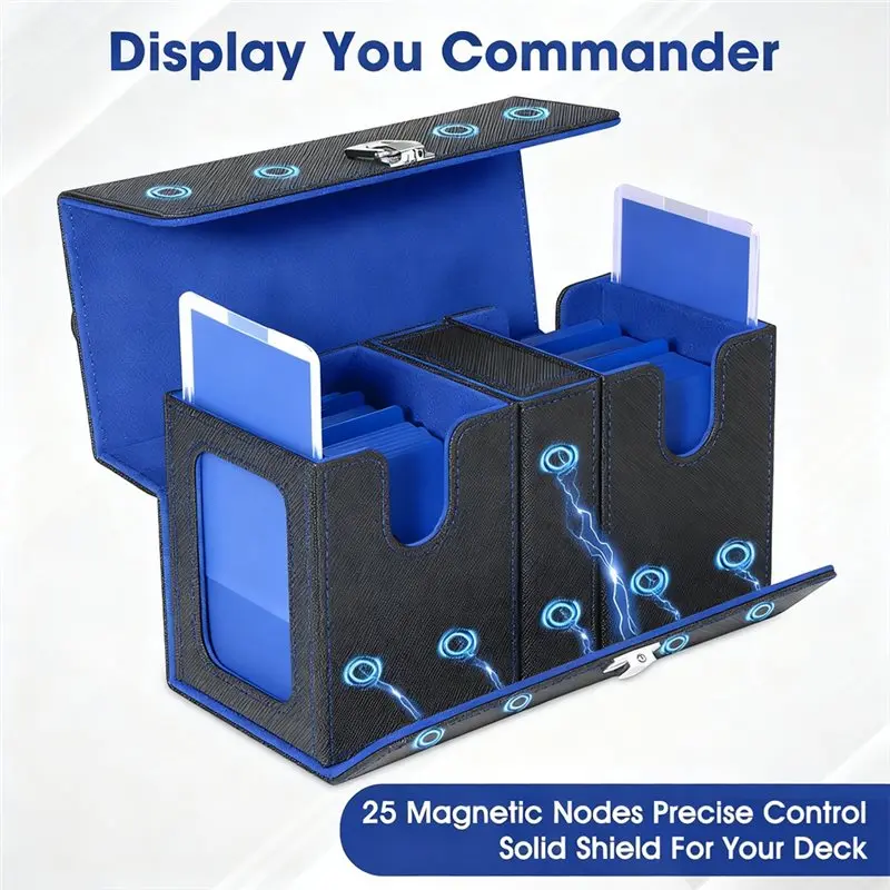 AS96-Top Side-Loading Card Deck Box With Handle Magnetic Storage Case For Game Cards Box Black+Blue