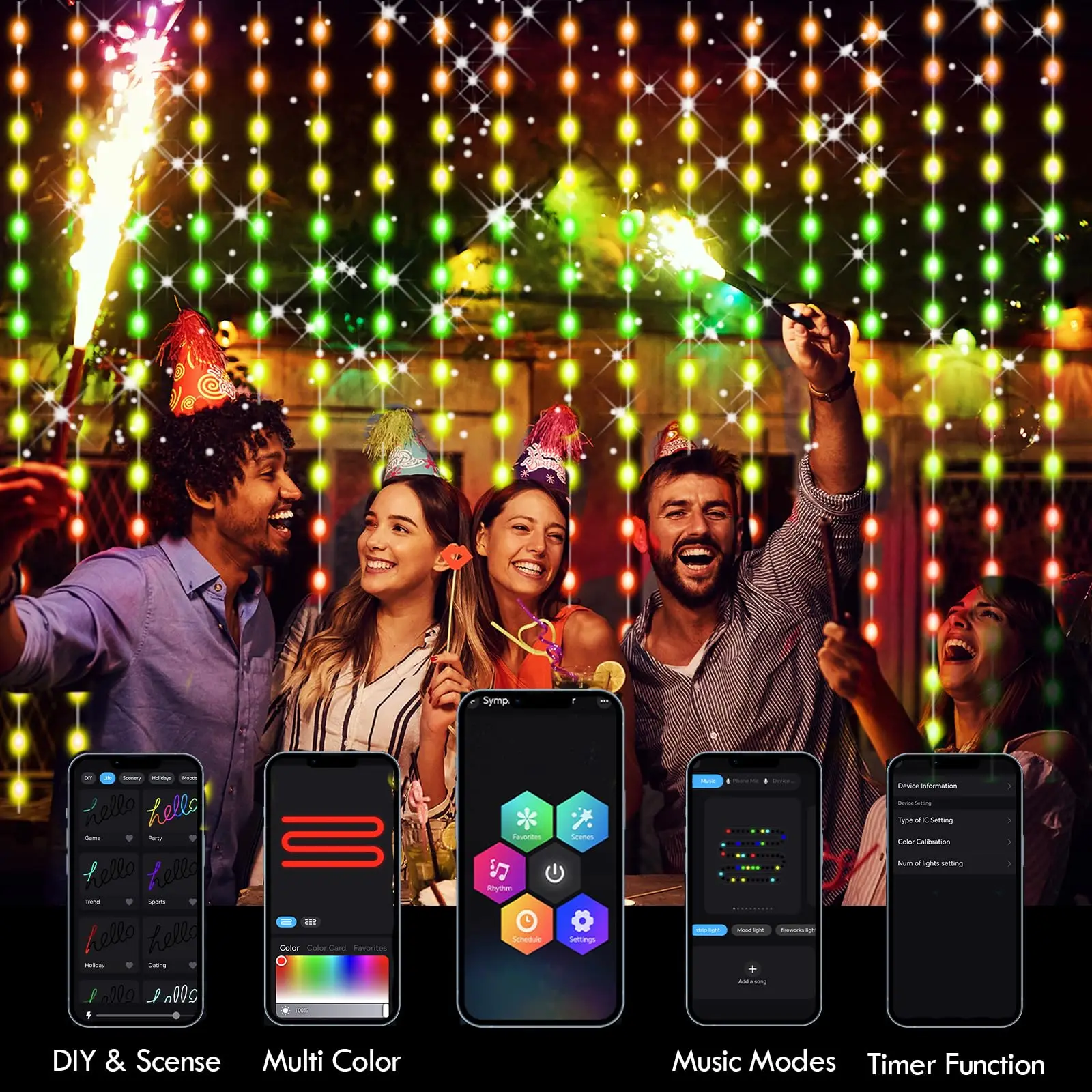 Smart LED Curtain Lights App Control DIY Pattern Music Ambient Lighting RGB Dimmable For Home Holiday Party Halloween Decoration