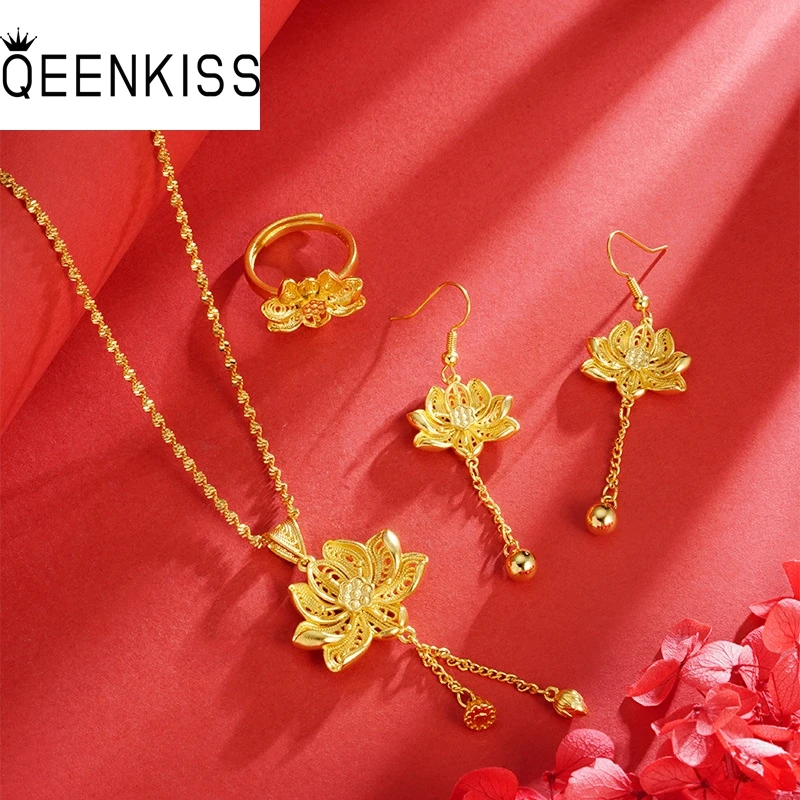 QEENKISS Gold Lotus Necklace+Ring+Earrings Set For Women  Wedding Party Birthday Christmas Bride Ladies Mother Girl Gifts JS562