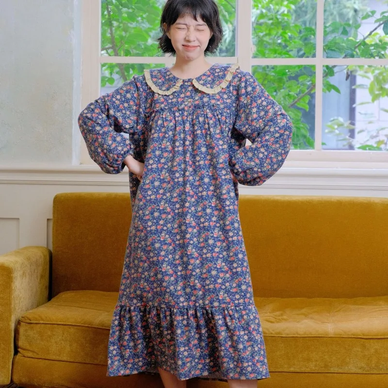 Women 100% Cotton Floral Nightgown Retro Peter Pan Collar Puff Sleeve Soft Breathable Loose Home Loungewear Cottagecore Dress