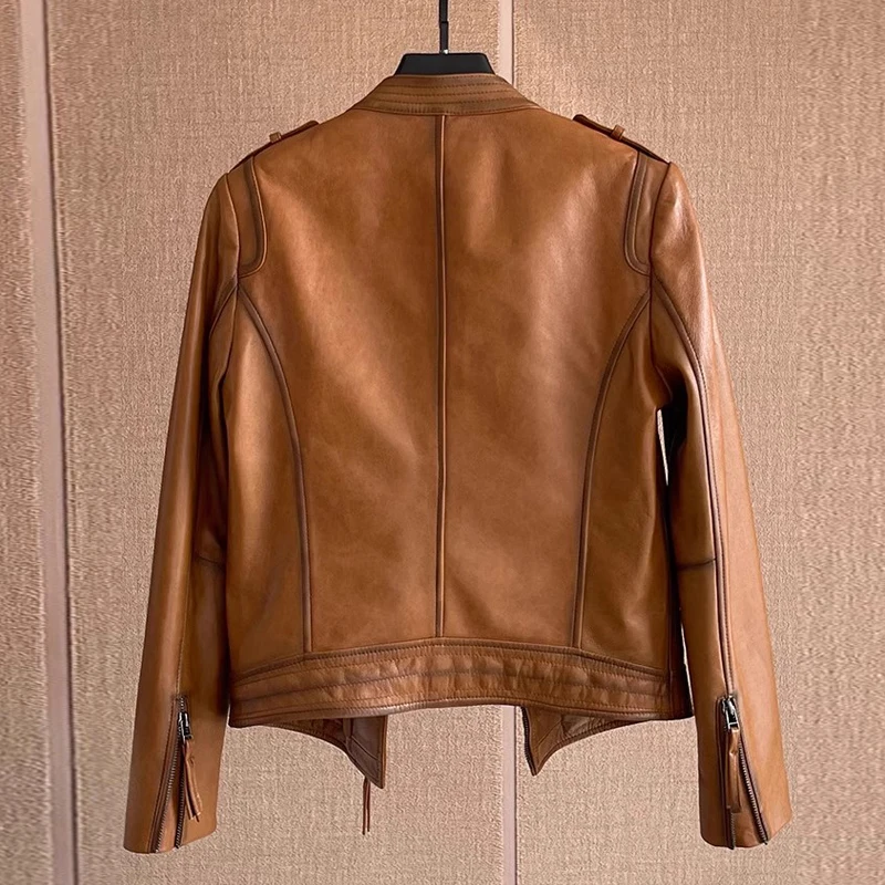 M-3XL Giacca in vera pelle per donna Autunno Inverno Stile corto Moto Vecchio cappotti da giacca slim fit in vera pelle di pecora retrò femminile