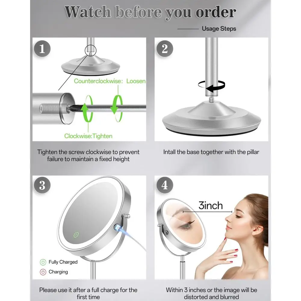 مرآة زينة مضيئة مع بطارية 3000 مللي أمبير في الساعة، ارتفاع قابل للتعديل و3 سطوع LED للمكياج، تكبير 1X/30X، Double-Si #2