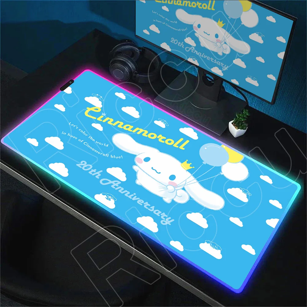 

Blue Cinnamoroll RGB Mousepad Cute Girl Luminescence Table Pad Kawaii Large Gaming Desk Mat XXL for PC Keyboard LED Mouse Carpet