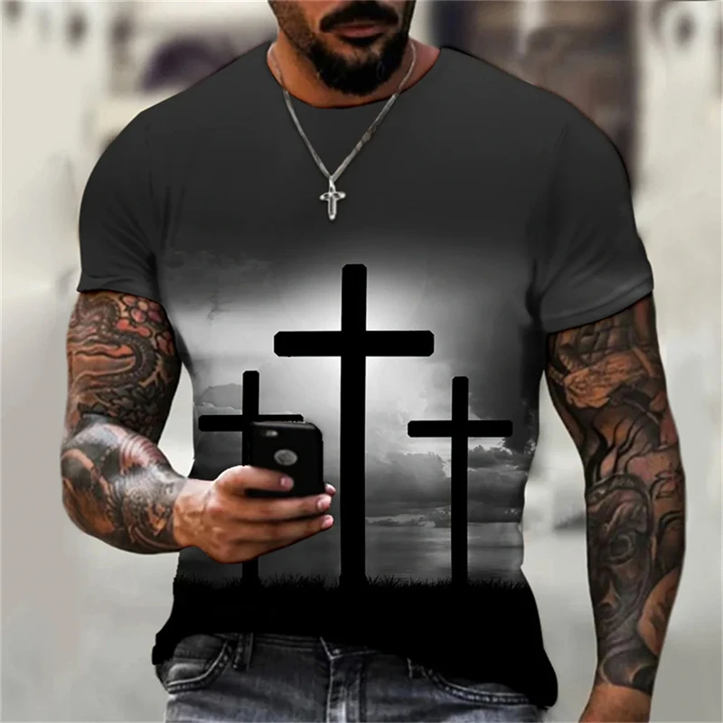 Christian Men Clothing T Shirts Oversized T-shirt Gothic Jesus Christ Cross 3D Print O-neck Tops Vintage Personality Unisex Tees