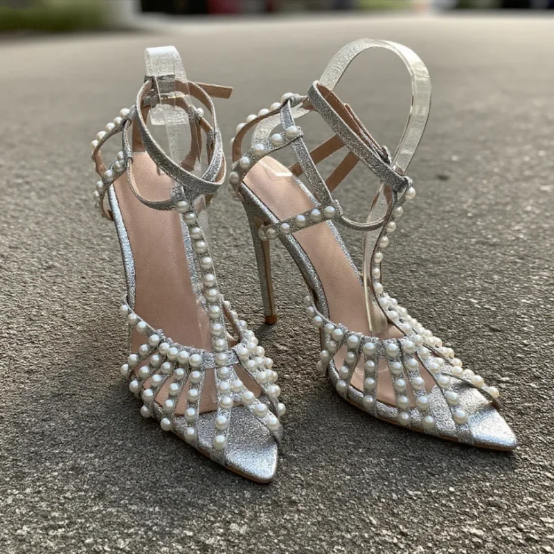 Pearl T Strap Pointed Toe Thin Heels Women Silver Glitter Ankle Strap Sandals Lady Sexy Elegant Cover Heel Party Wedding Shoes