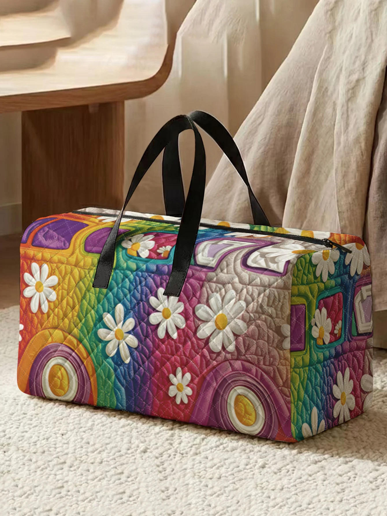 1pc, Two styles, Rainbow Gradient Bus White Daisy Printed Duffle Bag Portable Handbag suitable for Weekend Trip Sports Shopping