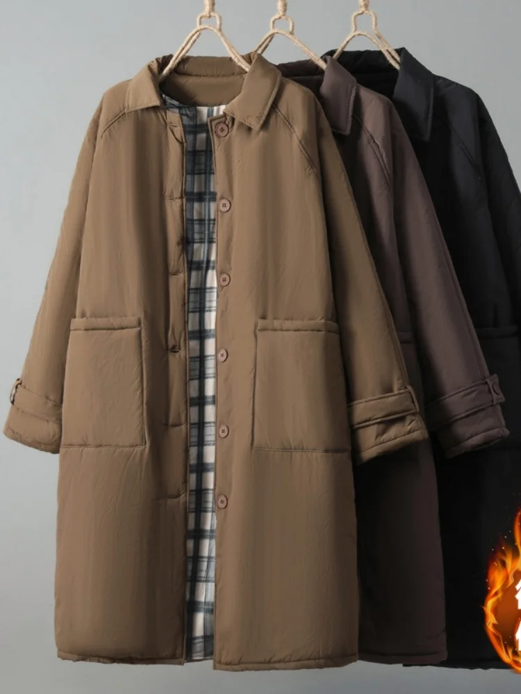 

Ретро-пальто из утолщенного хлопка с отложным воротником для женщин, зимнее, средней длины, теплый кардиган, хлопковая одежда, пальто большого размера