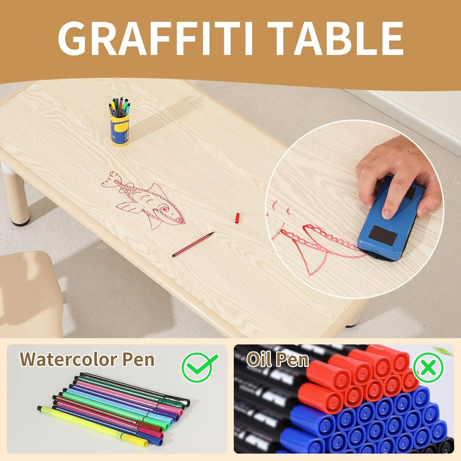 Kindertafel en 4-stoelenset, in hoogte verstelbare peutertafel en stoelenset, graffiti desktop kinderactiviteitentafel voor kinderen voor kinderen van 2 jaar