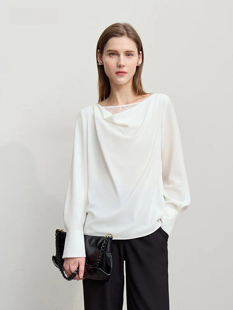 

Ele Commuter Sle Lace Trim Chiffon Top Women's Loose Drapey Long Sve irt Spring New Arrival by i