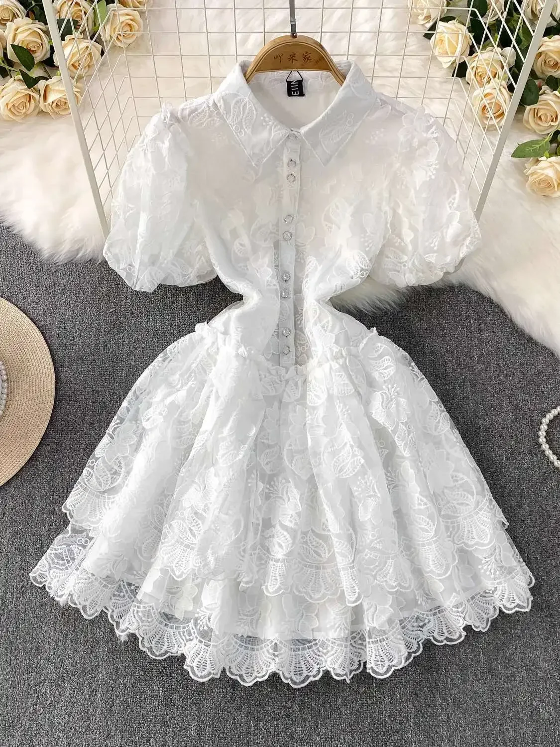 

Korean Style Embroidery Short Dress with Bubble Sleeves, Sweet Princess Party Dress for Women