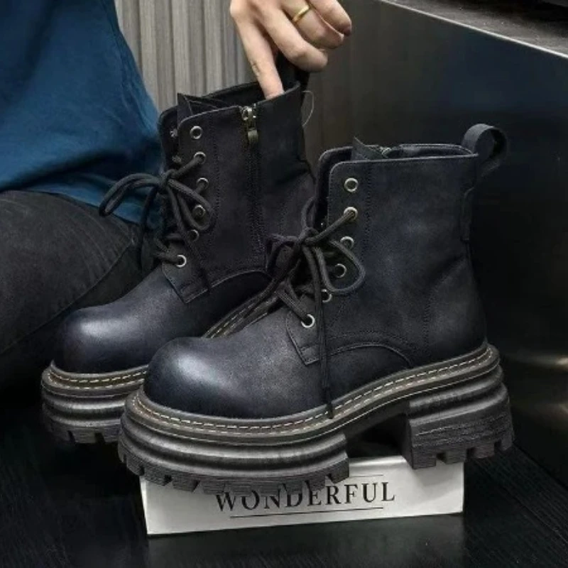 الرجعية جولة تو حذاء من الجلد للنساء أزياء من الدانتل متابعة الخياطة تصميم تشيلسي الأحذية مريحة عدم الانزلاق منصة مقاومة للماء الأحذية