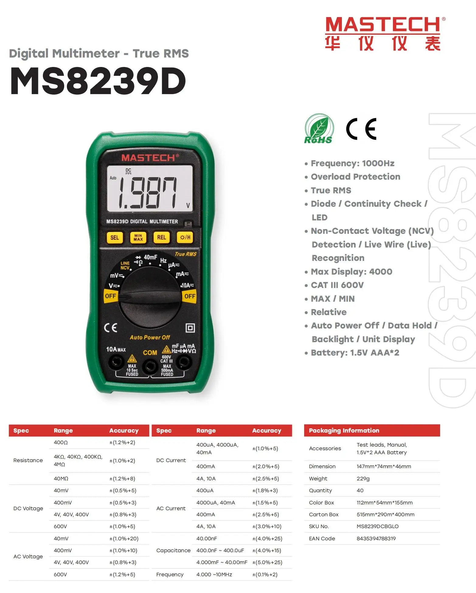 MASTECH MS8239D+ Digital Multimeter High precision True RMS Auto Range Ammeter Voltmeter Smart Capacitor NCV Ohm Hz Live Tester