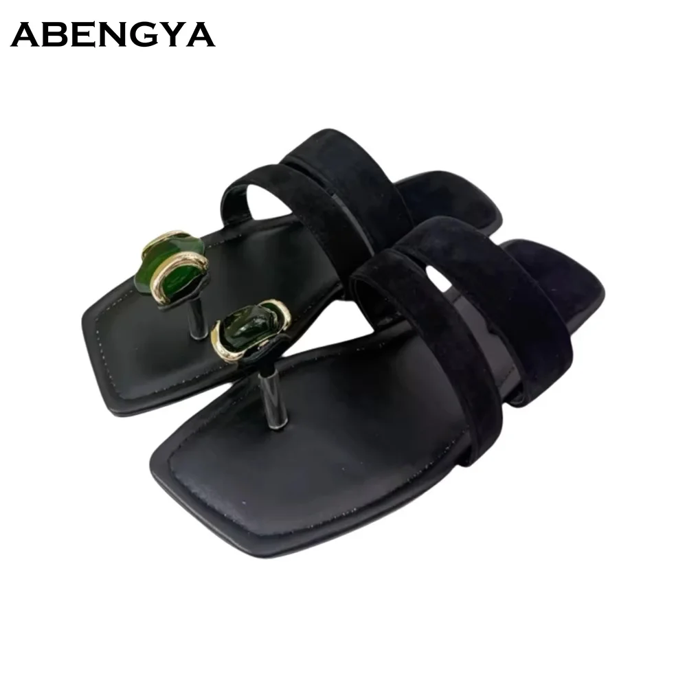 Summer New Leather Slipper Women Square Toe Flip Flops Dress Flat Shoes Designer Casual Party Vacation Beach Walking Shoes Women