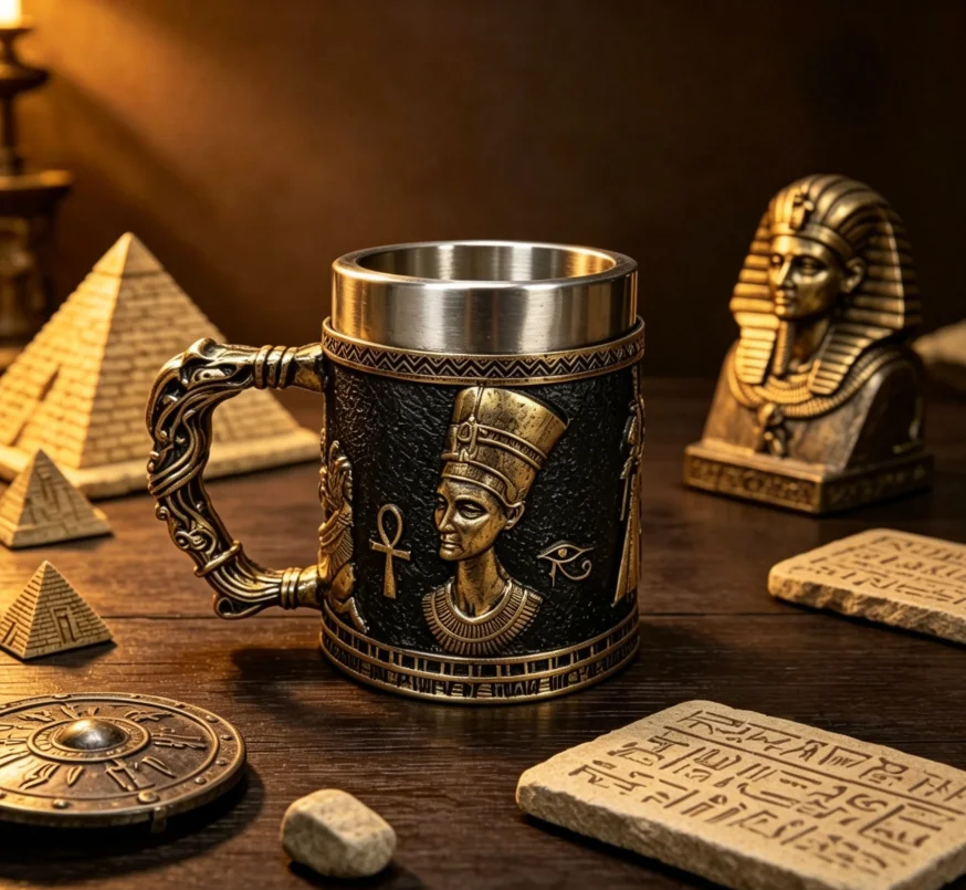 Ancient Egypt Pharaoh Beer Tankard, 3D Embossed Resin Mug with Stainless Steel Liner, Bar Table Decor Collectible Drinkware Gift