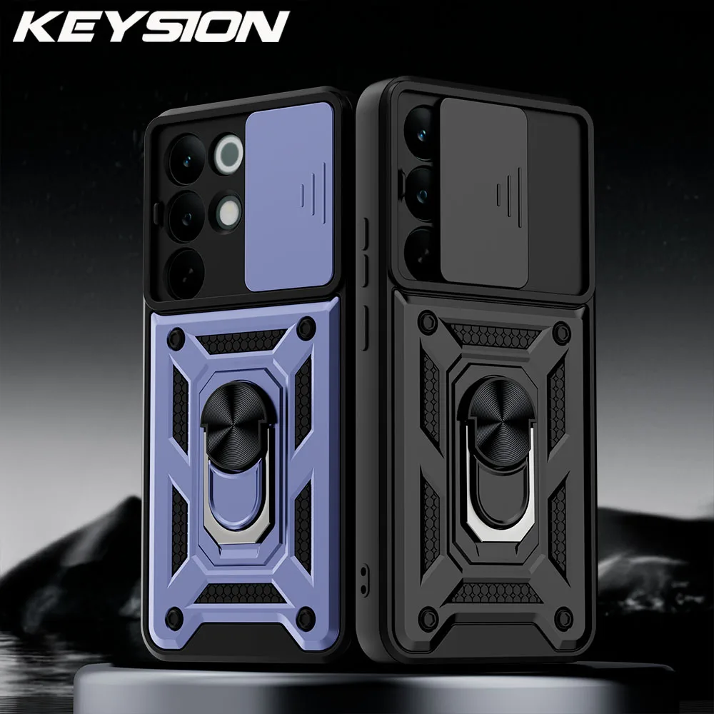 KEYSION Shockproof Armor Case for Realme C85 5G Slide Camera Lens Protection Ring Stand Phone Back Cover for OPPO Realme C85 Pro