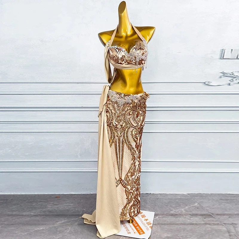 Złoty, ekskluzywny zestaw do tańca brzucha, orientalny taniec, strój dla dorosłych kobiet, strój do występów tanecznych brzucha, strój na zawody grupowe, strój na występy sceniczne.