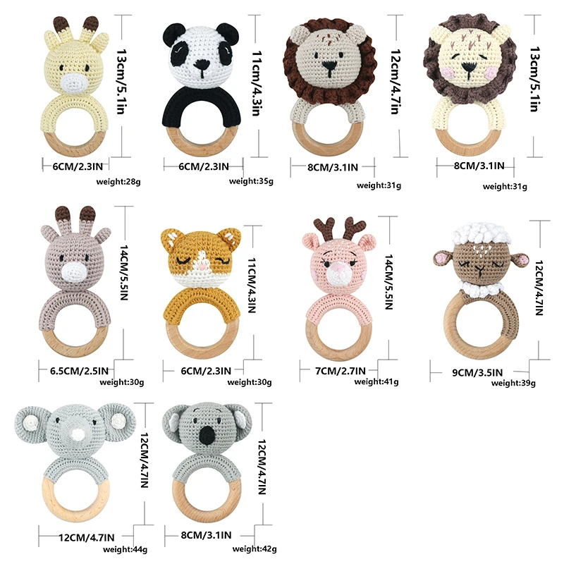 Amigurumi Cartoon Animal Baby Rattle Cute Wooden Ring Handhold Newborn Rattle Toys Handmade Pacifier Clips Kids Educational Toys