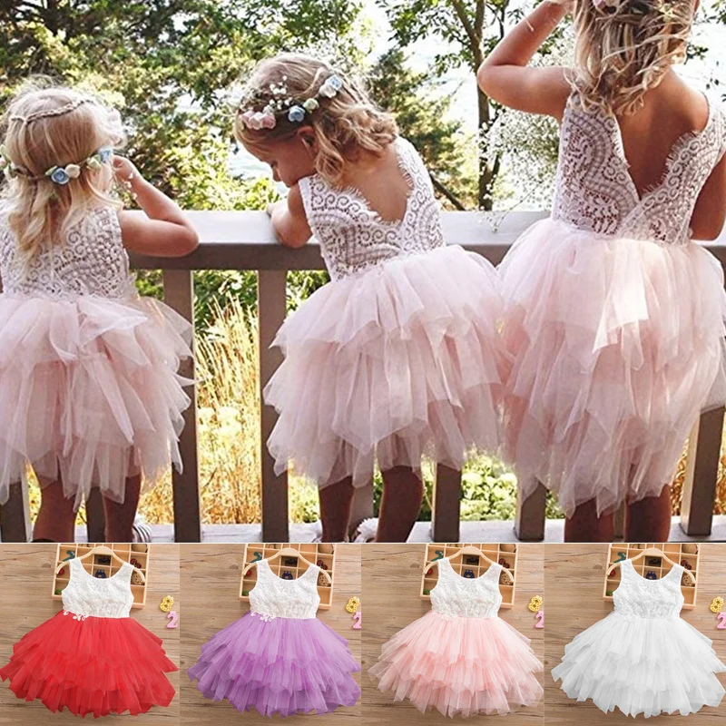 Lace Backless Girls Summer Dress 2024 Flower Design Baby Girl Birthday Clothing Kids Wedding Ball Gown Toddler Girl Casual Wears