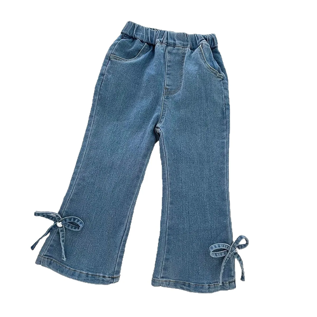 2025 الفتيات الجينز الخريف القوس التفاصيل مضيئة السراويل العصرية الاطفال سراويل جينز تنوعا طفل قيعان الزي غير رسمي