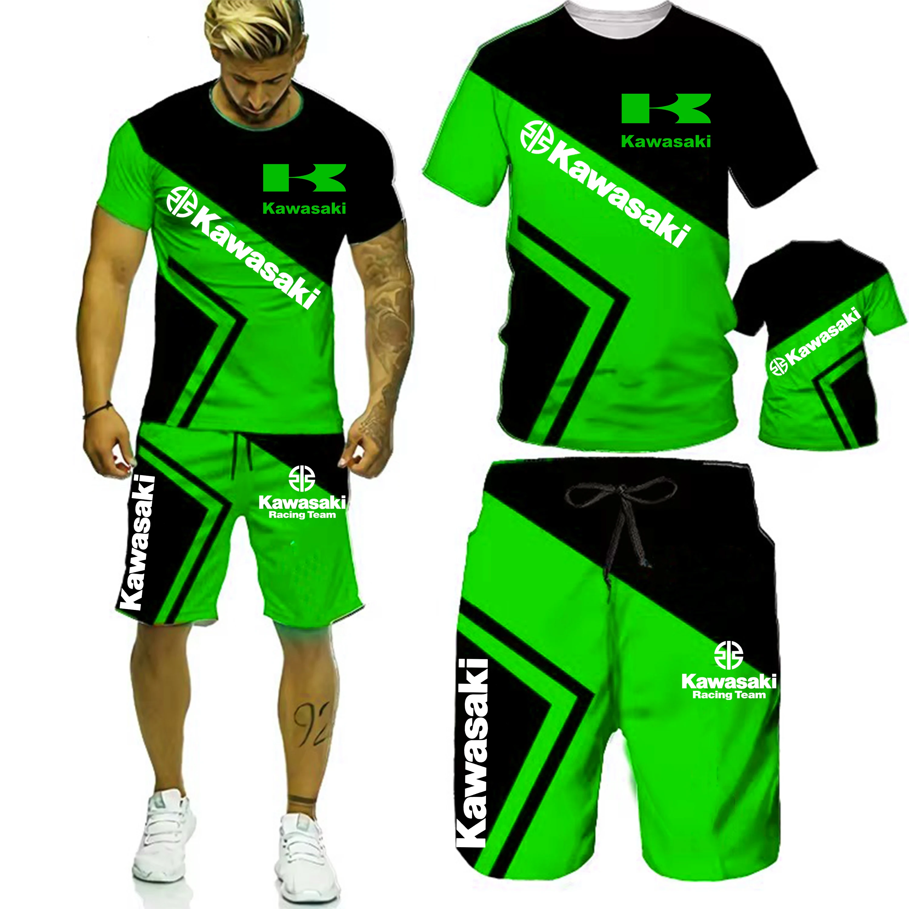 ฤดูร้อนใหม่ Kawasaki Racing 3D พิมพ์ผู้ชายเสื้อยืดกางเกงขาสั้นกีฬารอบคอแขนสั้นชุดผู้ใหญ่ Breathable 2 ชิ้นชุด