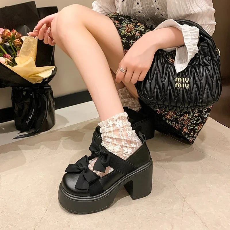 Bow Women High Heels Platform Marie Janes Shoes Elegant Autumn 2024 Lolita Dress Trend Party Chunky Mujer Zapatos Pumps Sandals