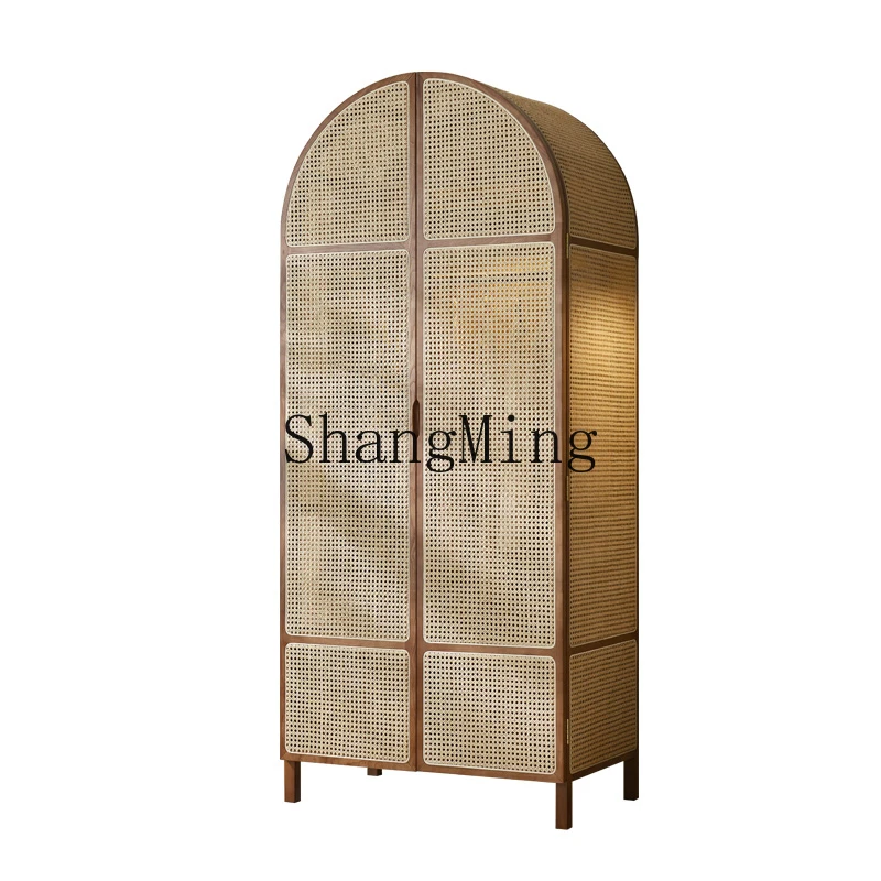 

HJ solid wood rattan storage cabinet small apartment retro homestay vaulted dome casement door storage clothing cabinet