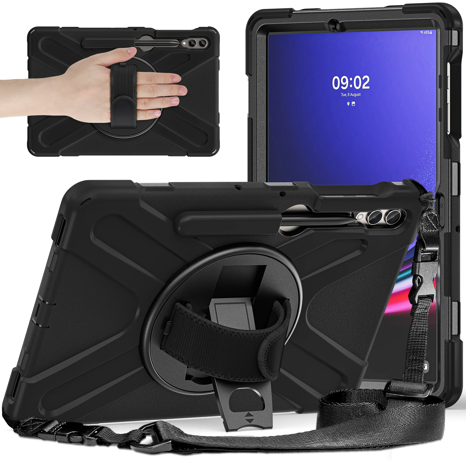 

For Samsung Galaxy Tab S10 FE / S10+ X826 / S9 FE+ / S9+ / S8+ / S7 FE / S7+ PC+Silicone Tablet Case Kickstand with Shoulder Str