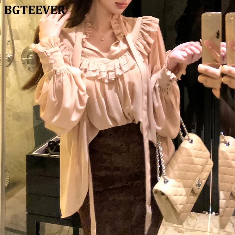

BGTEEVER стильные свободные женские пуловеры с оборками, шифоновые рубашки, осенние элегантные женские блузки с длинным рукавом и v-образным вырезом, топы