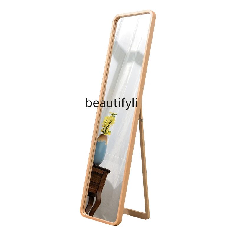 Solid Wood Frame Rounded Dressing Mirror Full-Length Mirror Wall-Mounted Floor Mirror Fitting  Light Luxury and Simplicity