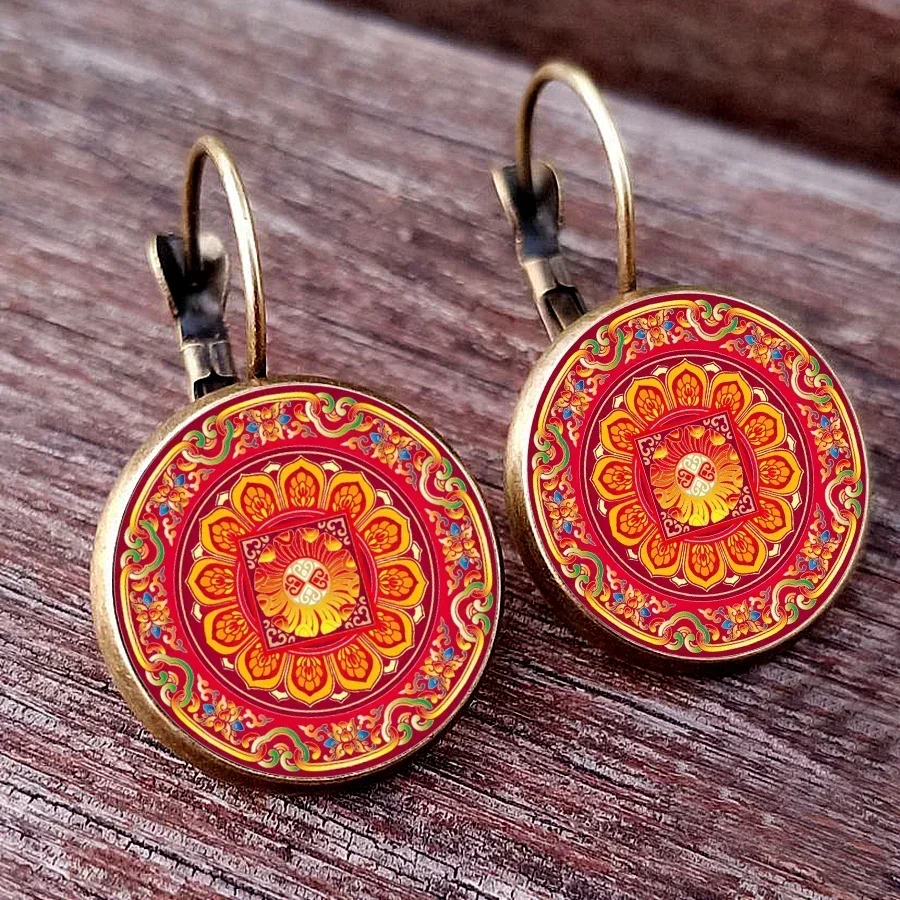 Ancient pattern grotto art glass dome round pendant earrings for women, mysterious vintage pattern earrings for women\'s gifts