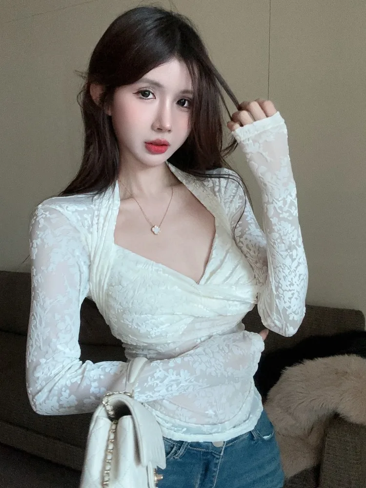 

Cross Knot Slim Fit Long Sleeve Lace Shirt Women Pure Desirable Sexy Show Clavicle Base Layer Inner Wear Top Korean Style Com...