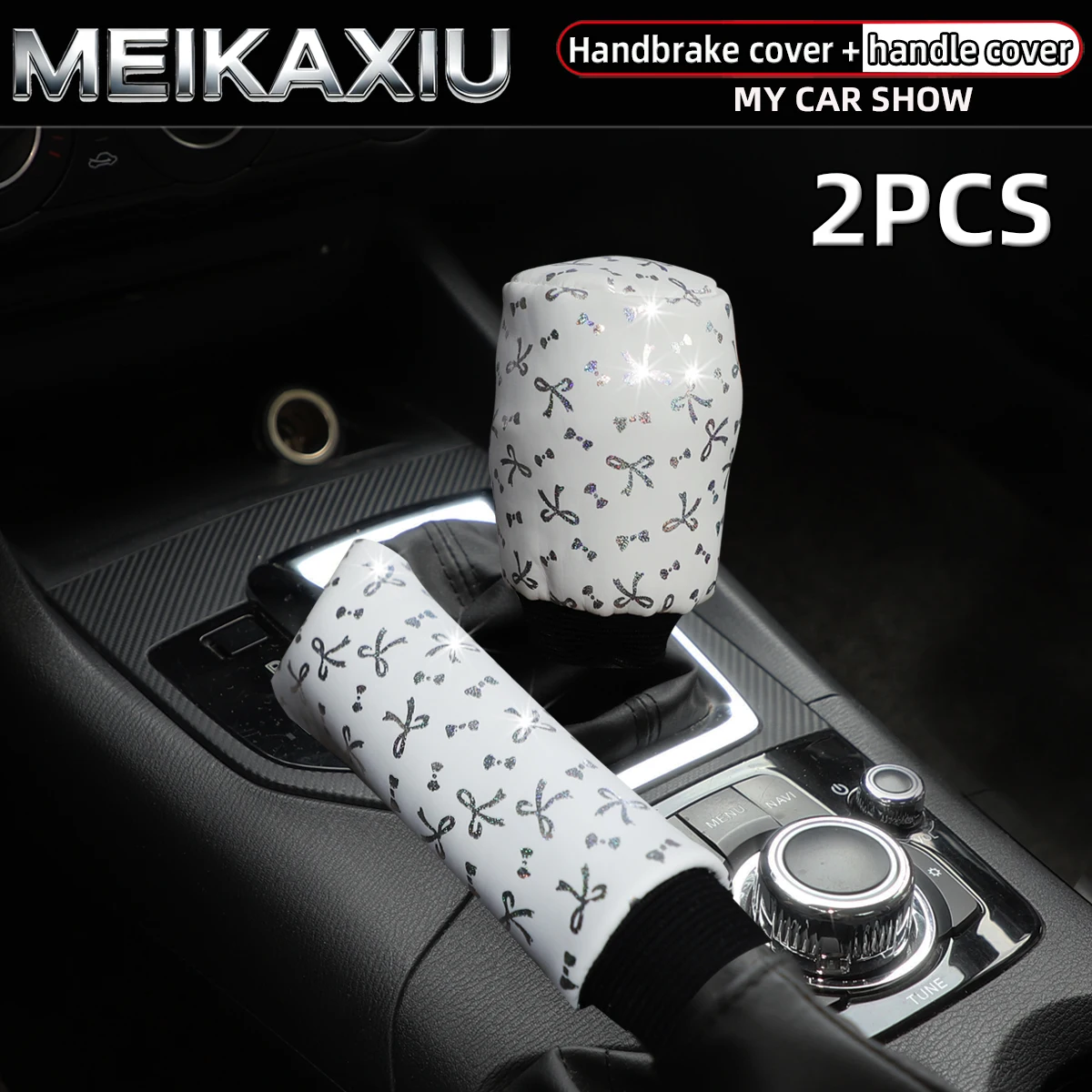 Women's Glittering PU Leather Bow-Shaped Buckle Two-Piece Car Handbrake Shift Knob Accessory