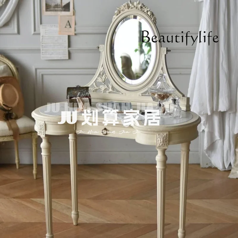 

French solid wood small apartment bedroom dresser American country curved carved retro designer creative makeup table