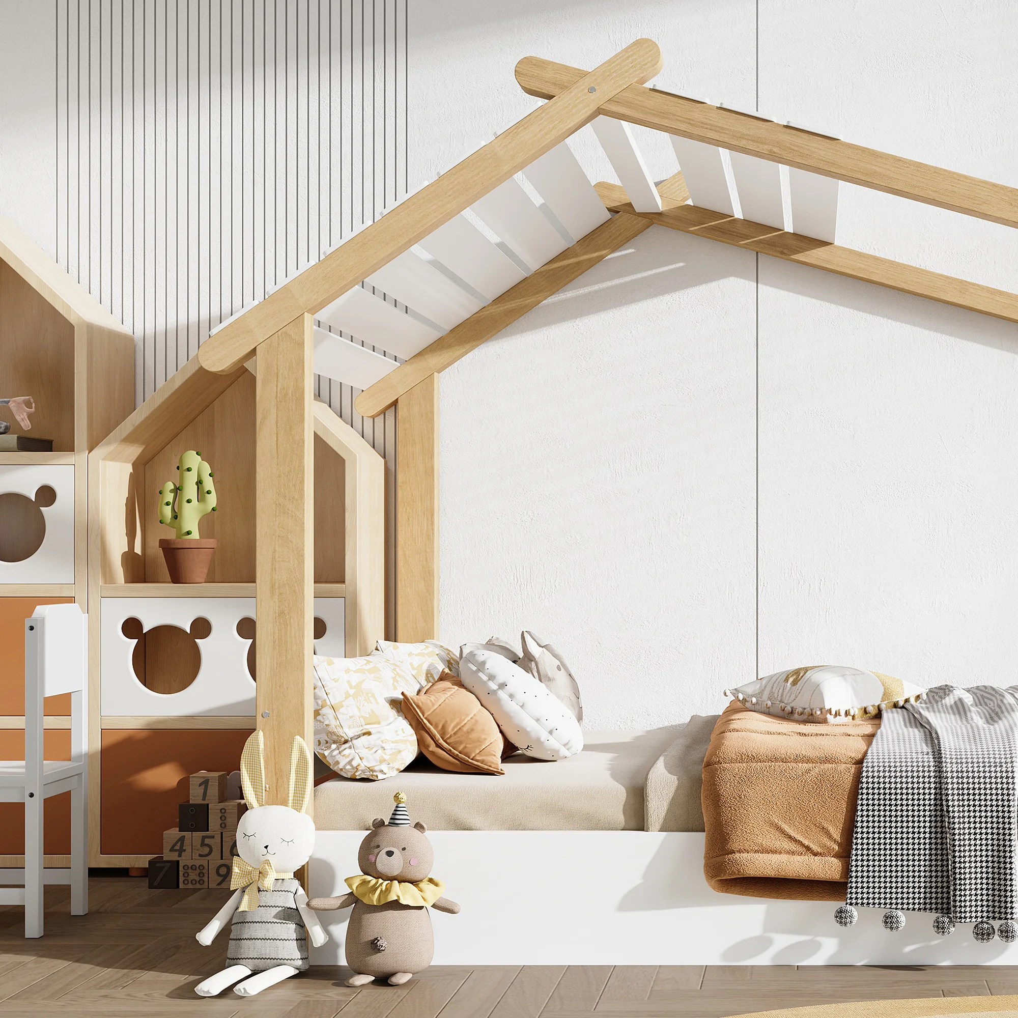 PINGGO Weißes Naturholz-Einzelbett 90x200cm Hausdesign Lattenrost Kiefer+Spanplatte+MDF Ohne Matratze – Detail 3