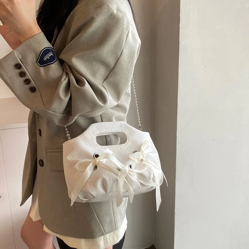 MBTI Sweet Elegant Womens Handbag Bow Cute Chain Small New Korean Style Fashion Shoulder Bag Pu Leather Vintage Crossbody Bag