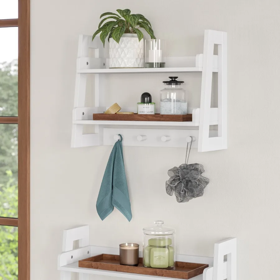 

Amery 2-Tier Bathroom Ladder Shelf with Open Storage and Towel Hooks - White