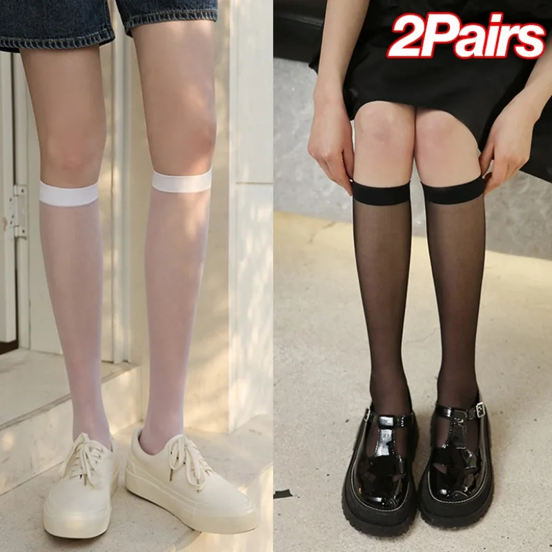 1/2Pairs Sexy Silk Knee Sokcs Summer Lolita JK Uniform Women Girls Thin Long Socks White Black Nylon Knee Lolita Stockings Tubes