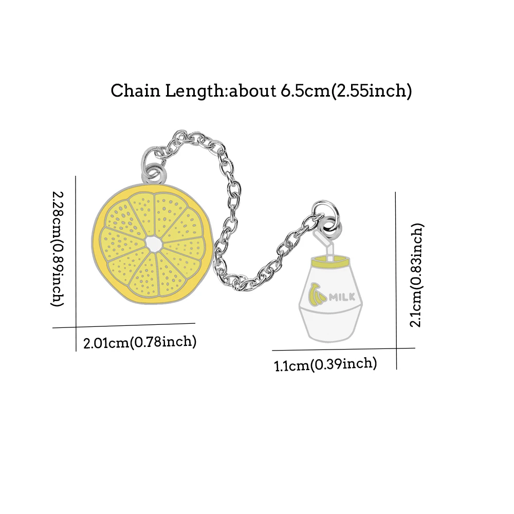 Creative Milk Lemon Long Chain Brooches Set Women Men Cartoon Enamel Pin Friendship Lapel Pin Badges Jewelry Gift