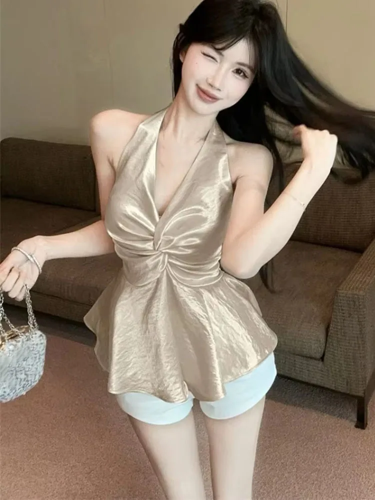 Y2k Twist Knot Halter Crop Top Women Summer Slim Fit Backless Cami Tank Tops Sexy Going Out Clubwear