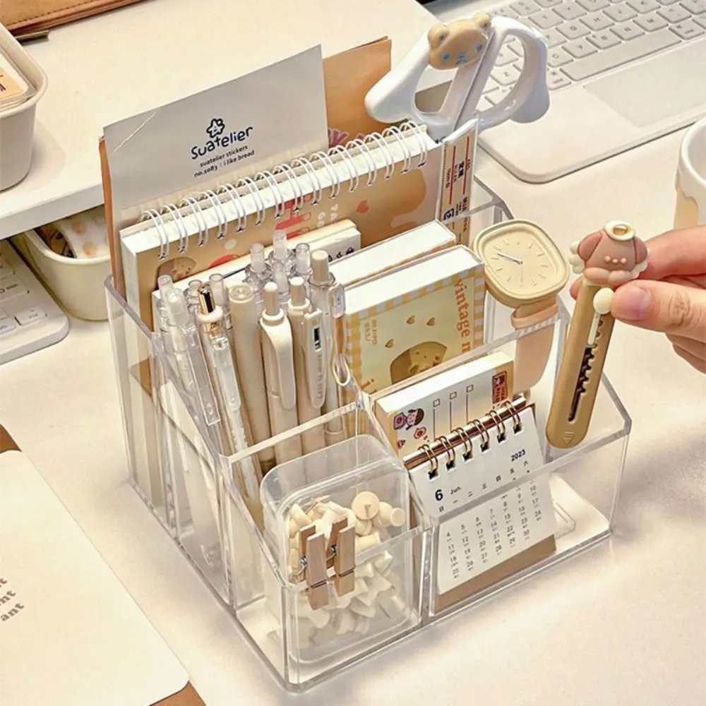 Multifunction Transparent Desk Pen Holder Clear Acrylic Pencil Storage Box Simple Display Stationery Organizer Desktop
