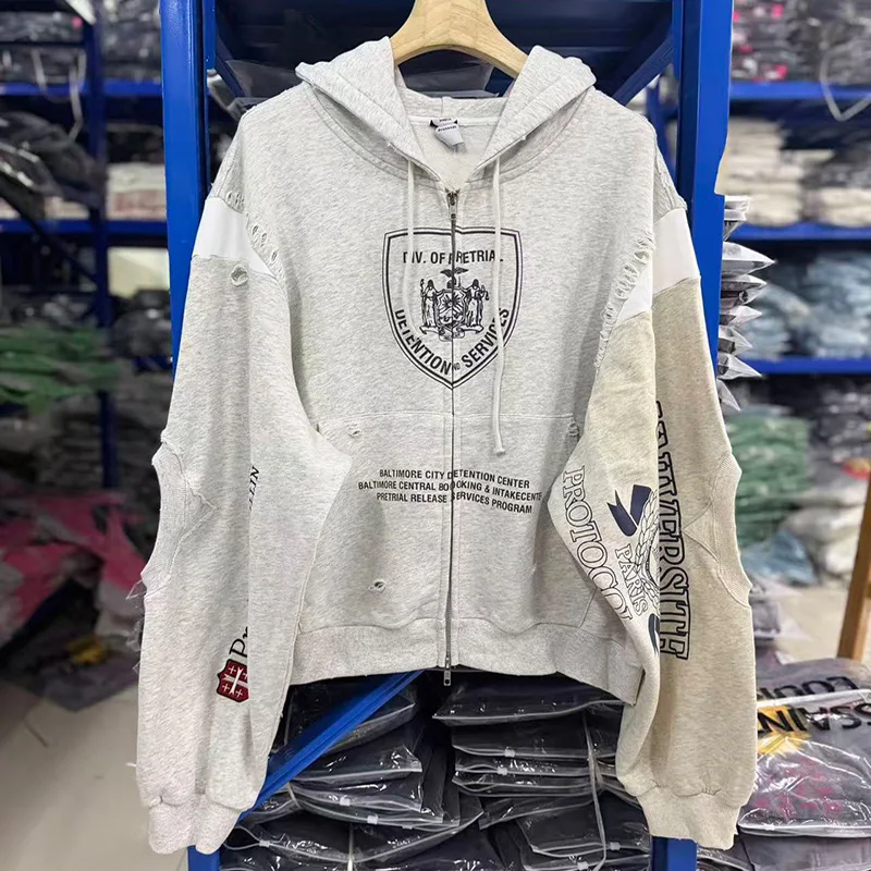 Men Women High Street Vintage Gray Damaged Hole Patchwork Splicing Protocol Index Hoodie Hooded Top Quality Cotton Pullovers