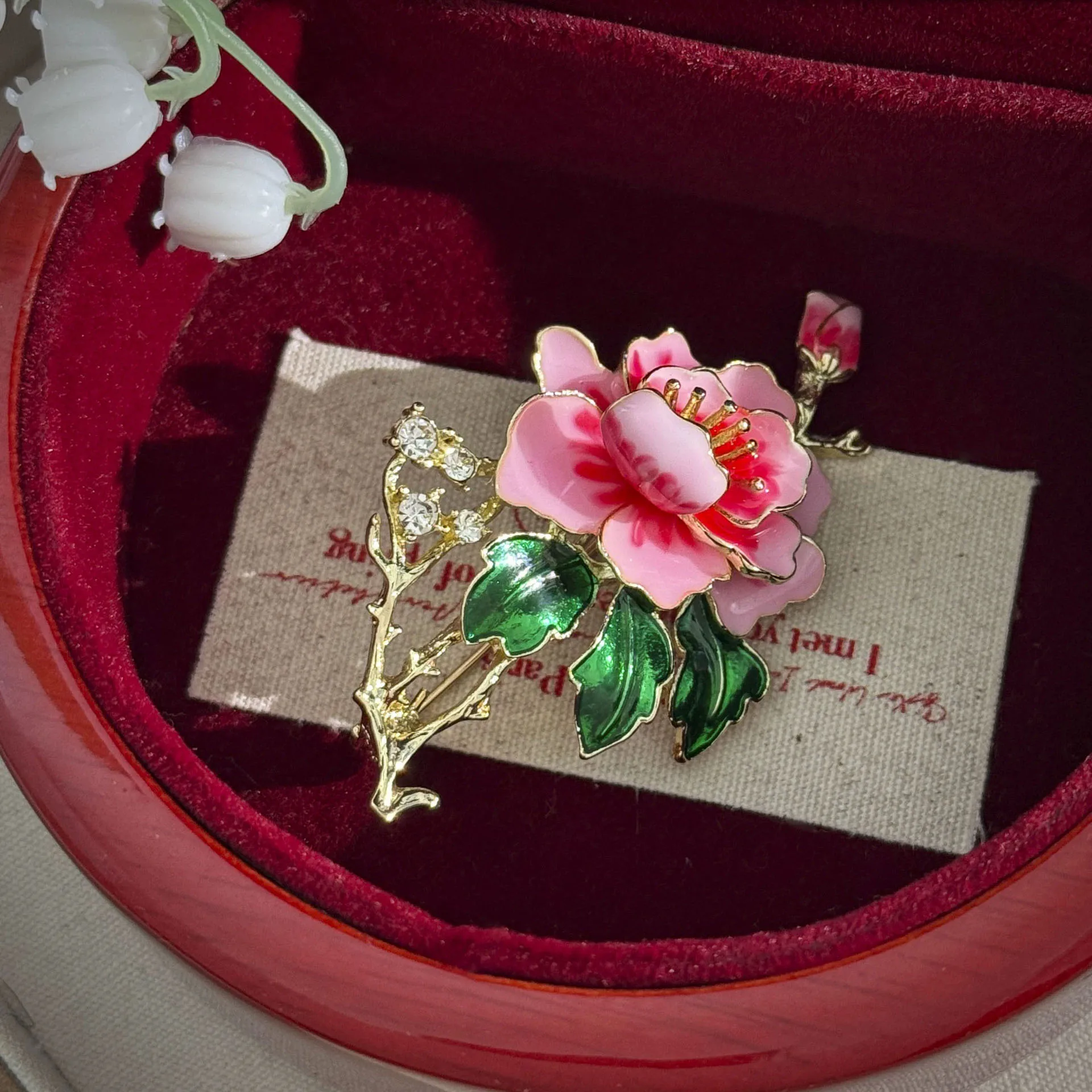 Enamel Peony Flower Brooch,Pink Floral Pin with Green Leaves & Crystal Accents,Elegant Jewelry for Suits & Scarves